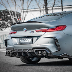 SOOQOO BMW M8 F93 carbon fibre rear diffuser - close-up of carbon fibre weave detail