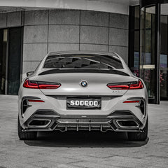 SOOQOO BMW 8 Series G16 carbon fibre rear diffuser - rear three-quarter view