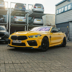 SOOQOO BMW M8 carbon fibre front splitter - rear three-quarter view