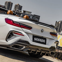SOOQOO BMW 8 Series G14 carbon fibre rear diffuser - close-up of carbon fibre weave detail