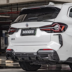 SOOQOO BMW iX3 G08 carbon fibre rear diffuser - rear three-quarter view