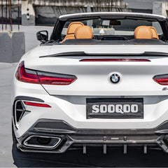 SOOQOO BMW 8 Series G14 carbon fibre rear vent trim - close-up of carbon fibre weave detail