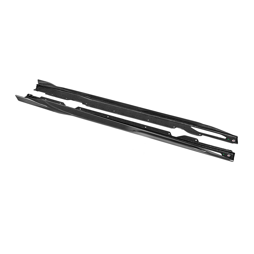 SOOQOO BMW 4 Series G26 carbon fibre side skirt - front three-quarter view