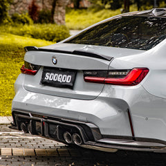 SOOQOO BMW M3 G80 carbon fibre rear diffuser - close-up of carbon fibre weave detail