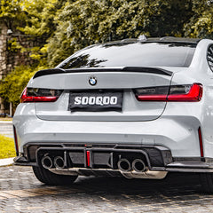 SOOQOO BMW M3 G80 carbon fibre rear diffuser - rear three-quarter view