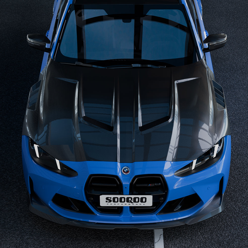 SOOQOO BMW M3 G80 carbon fibre hood - front three-quarter view