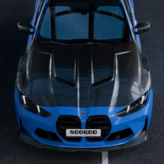SOOQOO BMW M3 G80 carbon fibre hood - front three-quarter view