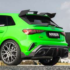 SOOQOO Audi RS3 carbon fibre spoiler - rear three-quarter view