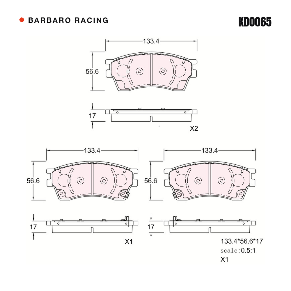 Barbaro Racing KD0065 brake pad shape drawing - 133.4 x 56.6 x 17 mm