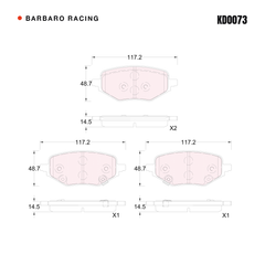 Barbaro Racing KD0073 brake pad shape drawing - 117.2 x 48.7 x 14.5 mm