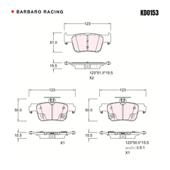 Barbaro Racing KD0153 brake pad shape drawing - 123 x 51.8 x 15.5 mm
