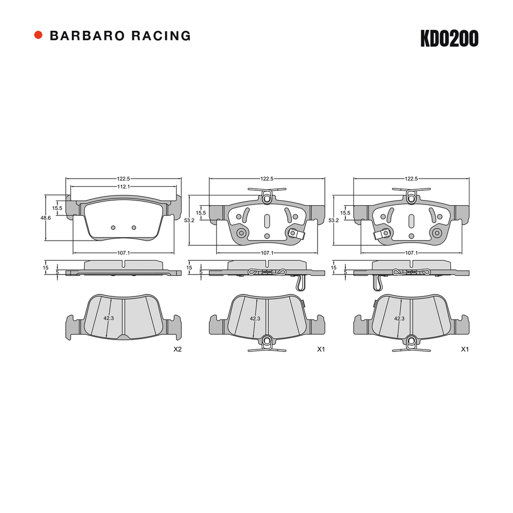 Barbaro Racing KD0200 brake pad shape drawing - 123.2 x 48.6 x 15 mm