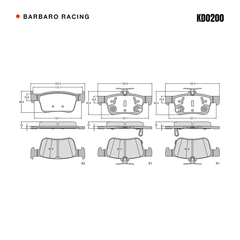 Barbaro Racing KD0200 brake pad shape drawing - 123.2 x 48.6 x 15 mm