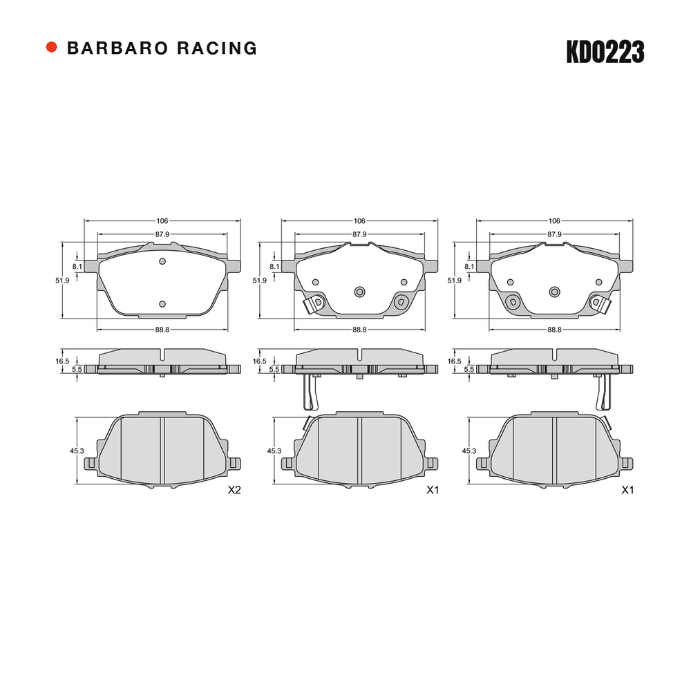 Barbaro Racing KD0223 brake pad shape drawing - 106 x 51.9 x 16.5 mm