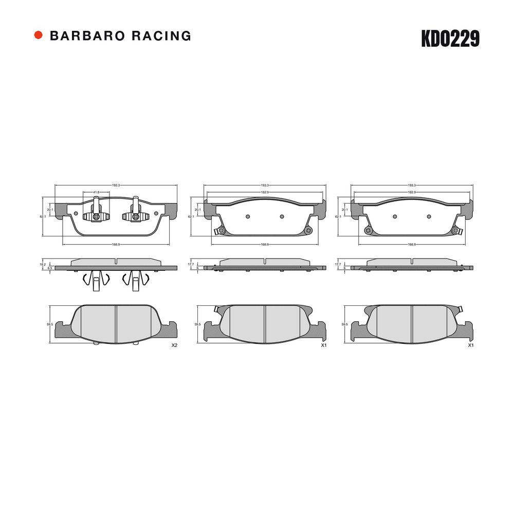 Barbaro Racing KD0229 brake pad shape drawing - 193.3 x 62.1 x 18.2 mm