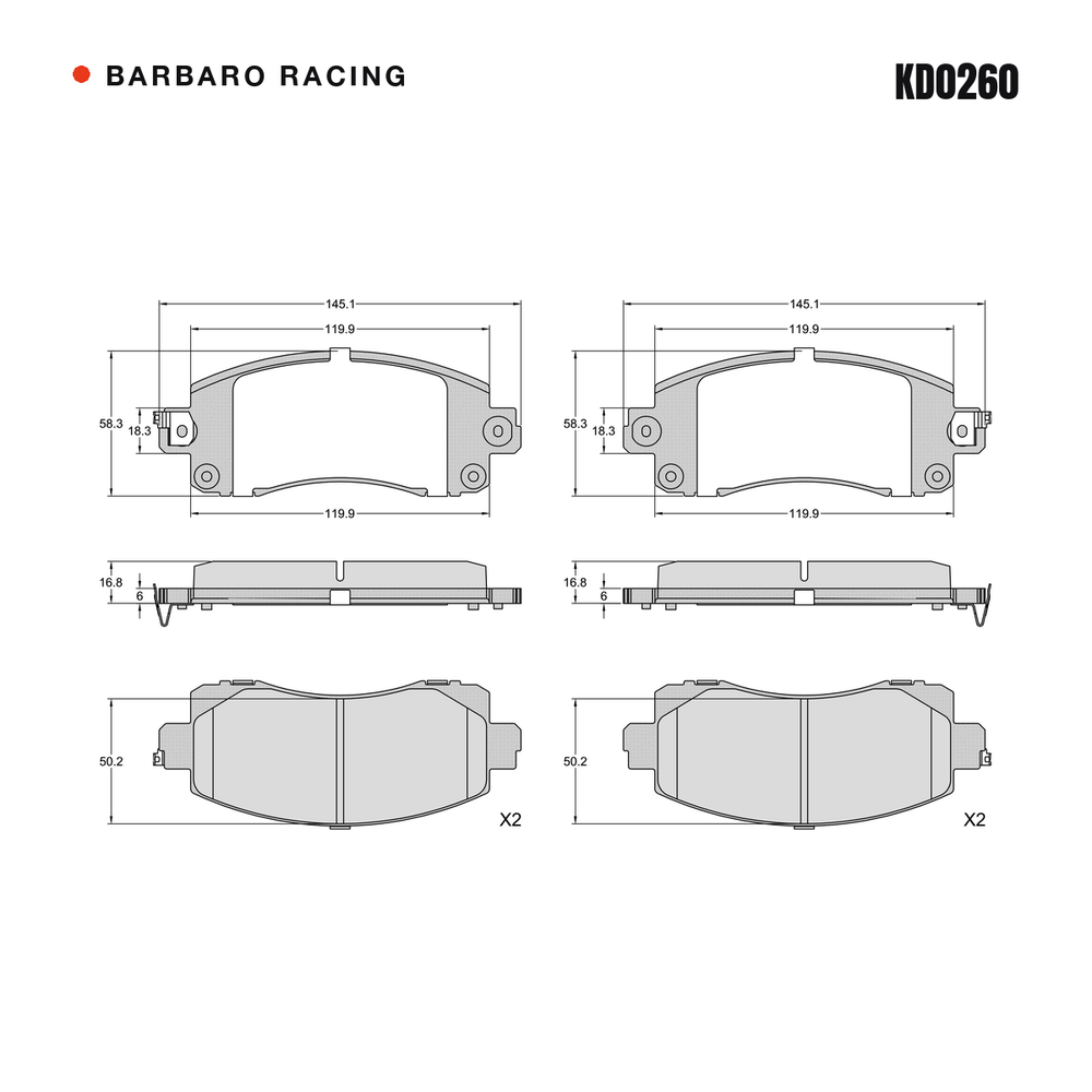 Barbaro Racing KD0260 brake pad shape drawing - 145.1 x 58.3 x 16.8 mm