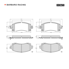 Barbaro Racing KD0260 brake pad shape drawing - 145.1 x 58.3 x 16.8 mm
