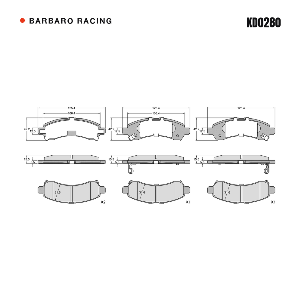 Barbaro Racing KD0280 brake pad shape drawing - 125.4 x 42.2 x 15.5 mm