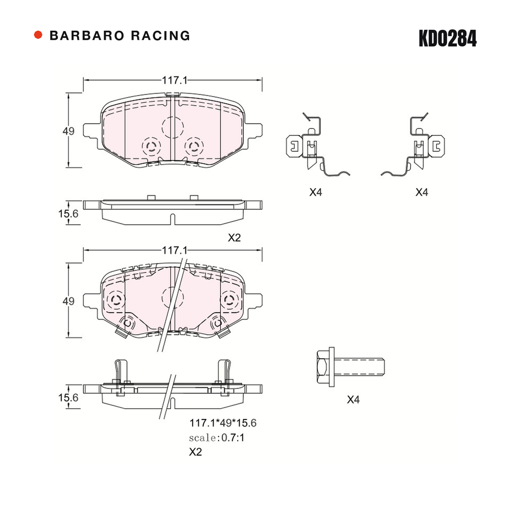 Barbaro Racing KD0284 brake pad shape drawing - 117.1 x 48.6 x 15.6 mm