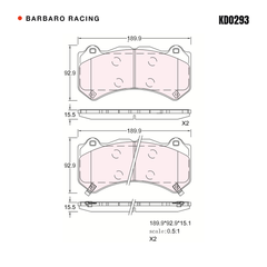 Barbaro Racing KD0293 brake pad shape drawing - 189.9 x 92.9 x 15.5 mm