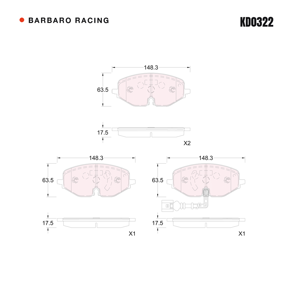Barbaro Racing KD0322 brake pad shape drawing - 148.3 x 63.5 x 17.5 mm