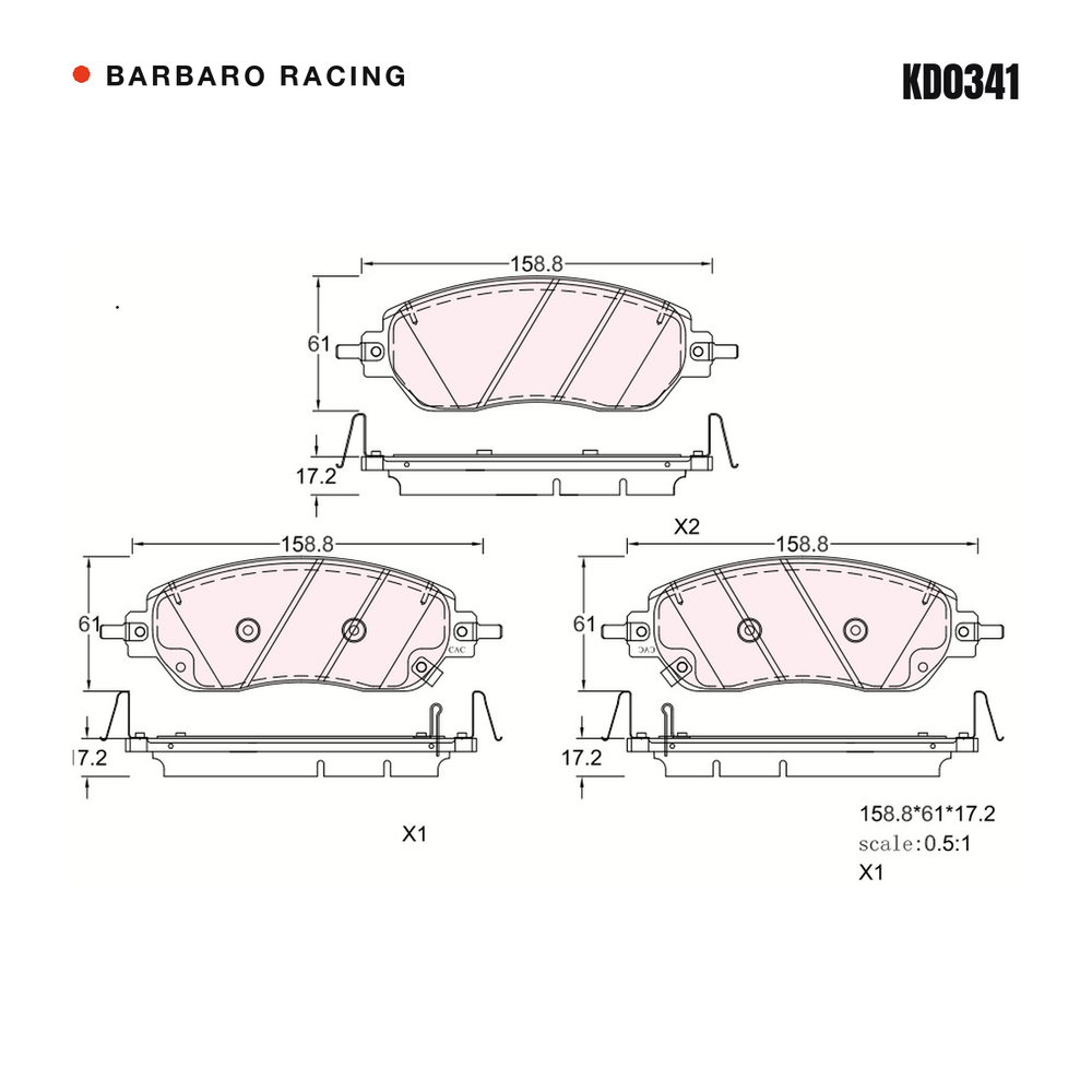Barbaro Racing KD0341 brake pad shape drawing - 158.8 x 61 x 17.08 mm