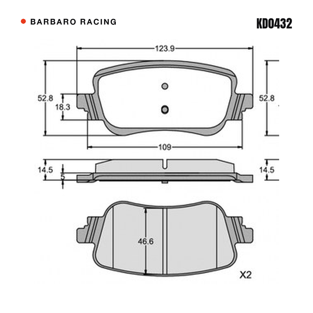 Barbaro Racing KD0432 brake pad shape drawing - 123.9 x 52.8 x 14.5 mm