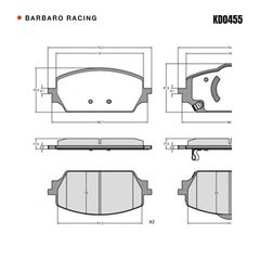 Barbaro Racing KD0455 brake pad shape drawing - 174.2 x 81.5 x 17.5 mm