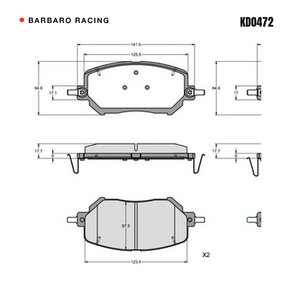 Barbaro Racing KD0472 brake pad shape drawing - 141.5 x 64.6 x 17.7 mm
