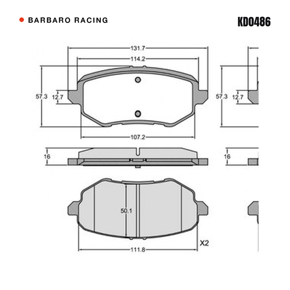Barbaro Racing KD0486 brake pad shape drawing - 131.7 x 57.3 x 16 mm