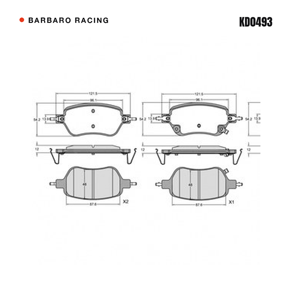 Barbaro Racing KD0493 brake pad shape drawing - 121.5 x 54.2 x 12 mm