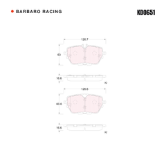 Barbaro Racing KD0651 brake pad shape drawing - 126.7 x 63 x 16.6 mm