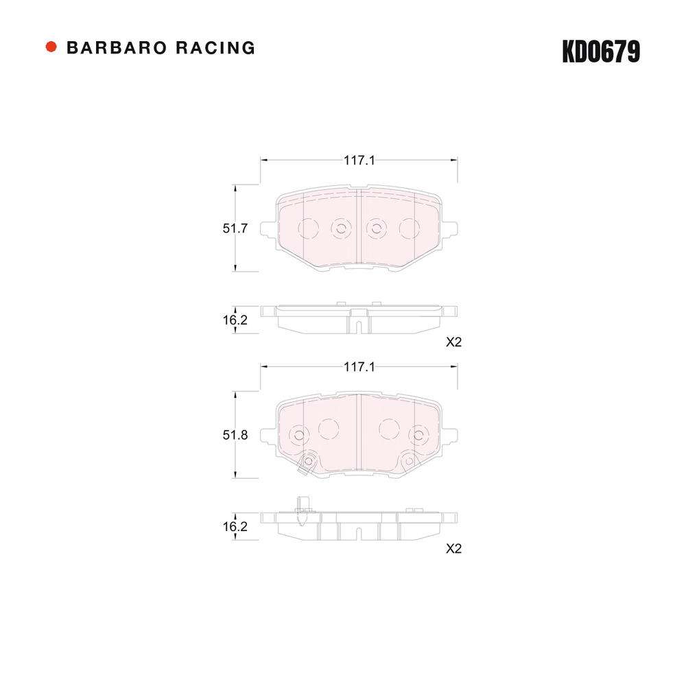 Barbaro Racing KD0679 brake pad shape drawing - 117.1 x 51.8 x 16.2 mm