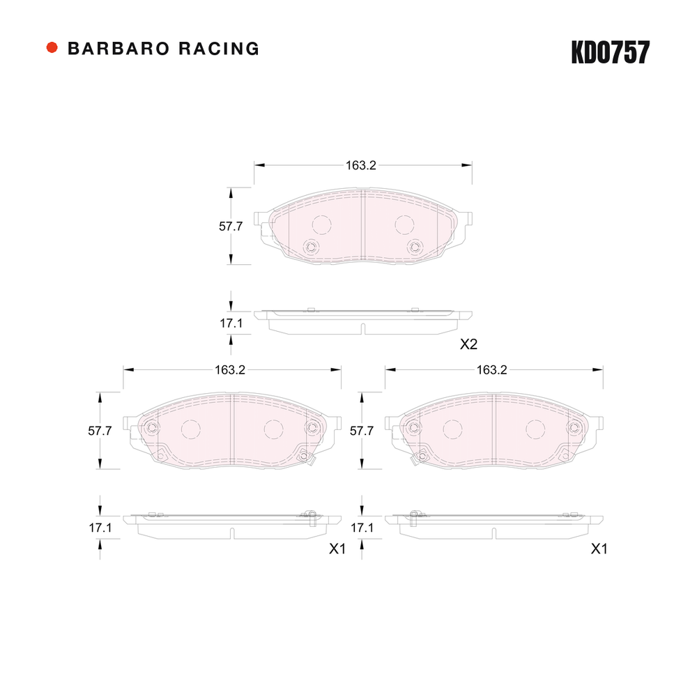 Barbaro Racing KD0757 brake pad shape drawing - 163.2 x 57.7 x 17.1 mm