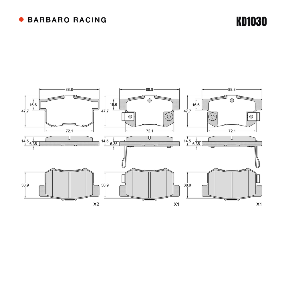 Barbaro Racing KD1030 brake pad shape drawing - 88.8 x 47.7 x 14.5 mm