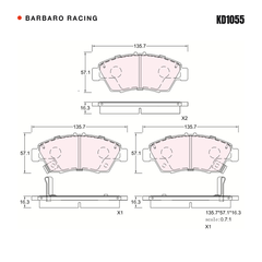 Barbaro Racing KD1055 brake pad shape drawing - 135.8 x 57 x 16.3 mm