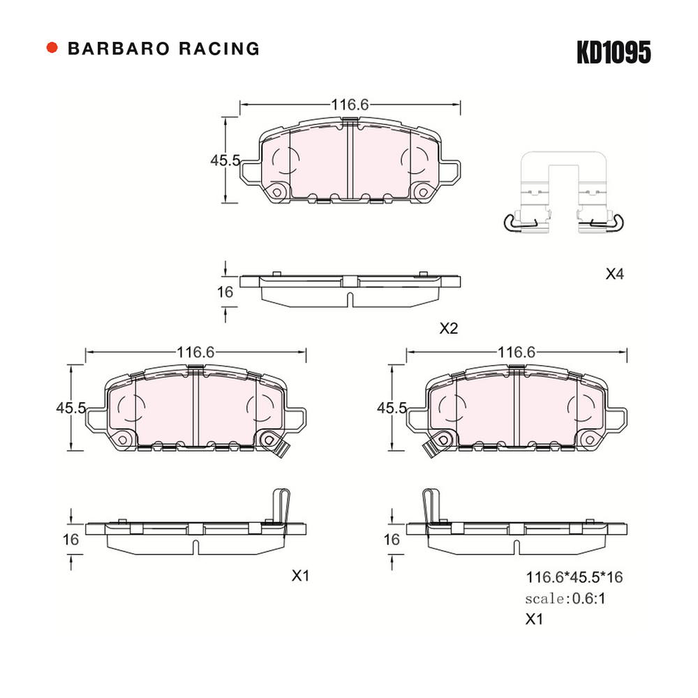 Barbaro Racing KD1095 brake pad shape drawing - 116.6 x 45.5 x 16 mm