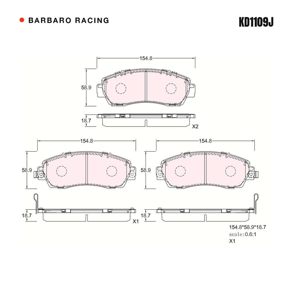 Barbaro Racing KD1109J brake pad shape drawing - 154.8 x 58.9 x 18.7 mm