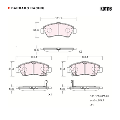 Barbaro Racing KD1116 brake pad shape drawing - 131.1 x 54.3 x 14.6 mm