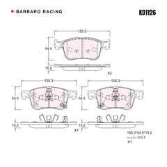 Barbaro Racing KD1126 brake pad shape drawing - 155.2 x 64.7 x 15.2 mm