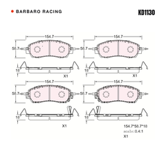 Barbaro Racing KD1130 brake pad shape drawing - 154.7 x 58.7 x 18 mm