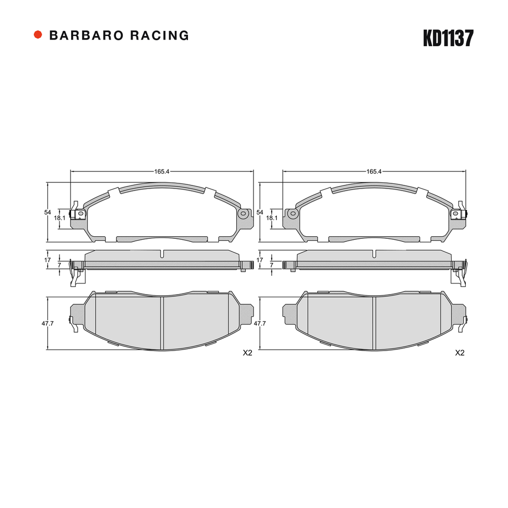 Barbaro Racing KD1137 brake pad shape drawing - 165.4 x 54 x 17 mm