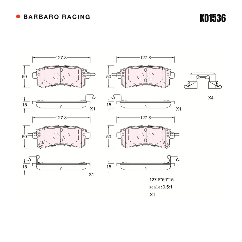Barbaro Racing KD1536 brake pad shape drawing - 127.8 x 50 x 15 mm
