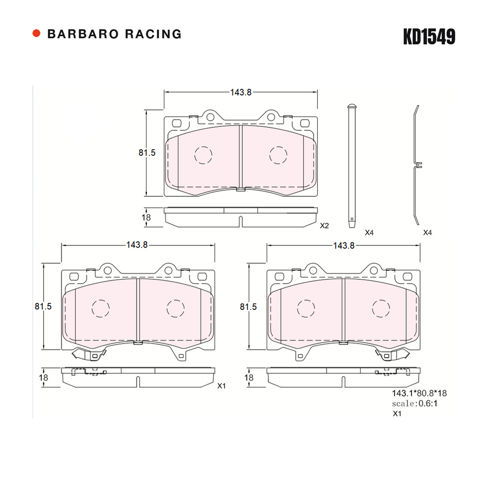 Barbaro Racing KD1549 brake pad shape drawing - 143.1 x 80.9 x 18 mm
