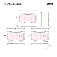 Barbaro Racing KD1549 brake pad shape drawing - 143.1 x 80.9 x 18 mm