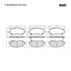Barbaro Racing KD1551 brake pad shape drawing - 142 x 61.4 x 16 mm