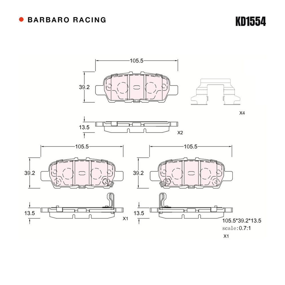 Barbaro Racing KD1554 brake pad shape drawing - 105.5 x 39.2 x 13.5 mm