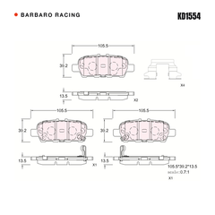 Barbaro Racing KD1554 brake pad shape drawing - 105.5 x 39.2 x 13.5 mm