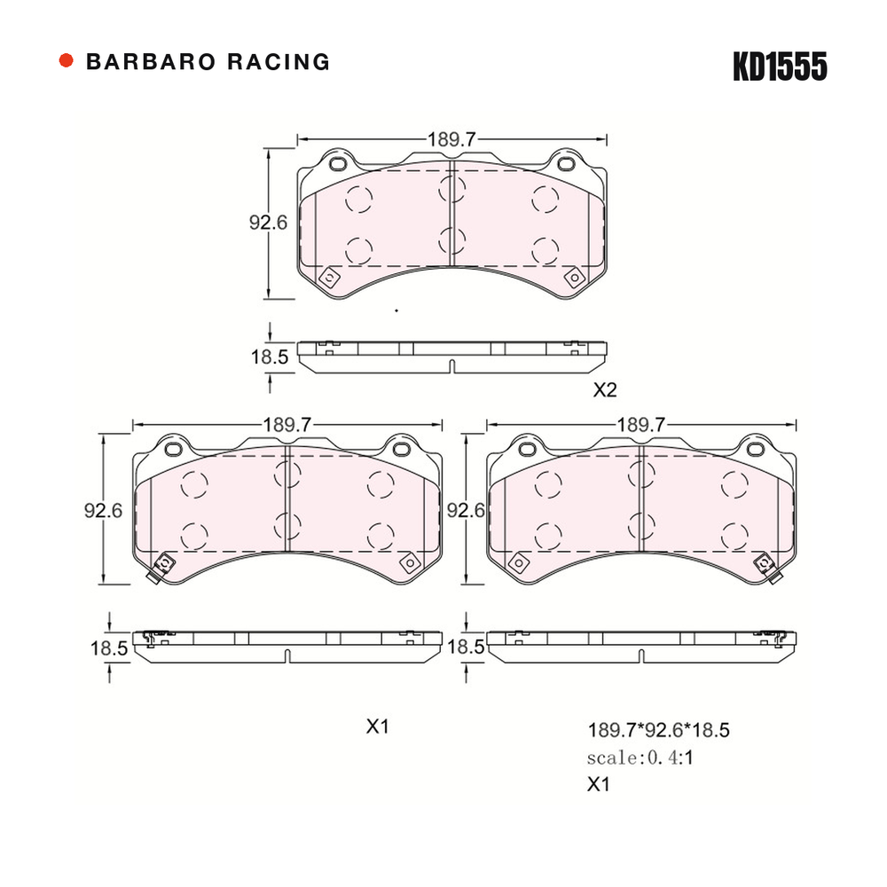Barbaro Racing KD1555 brake pad shape drawing - 189.7 x 92.6 x 18.5 mm