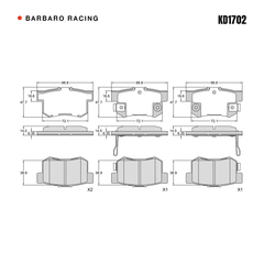 Barbaro Racing KD1702 brake pad shape drawing - 89 x 47.7 x 14.5 mm